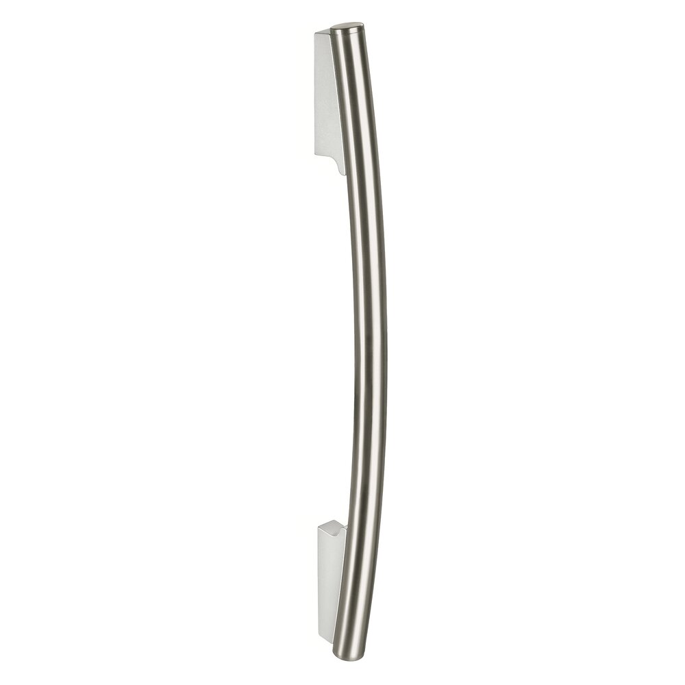 Curved stainless steel door handle with aluminum mounting brackets