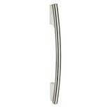 Curved stainless steel door handle with aluminum mounting brackets