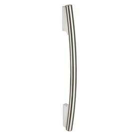 Curved stainless steel door handle with aluminum mounting brackets