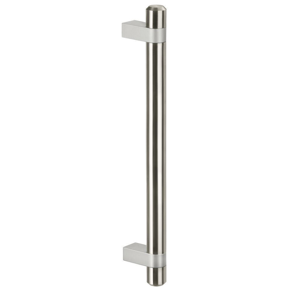 Stainless steel door handle with cylindrical tube and square-shaped aluminum handle shanks on a white background