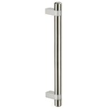 Stainless steel door handle with cylindrical tube and square-shaped aluminum handle shanks on a white background