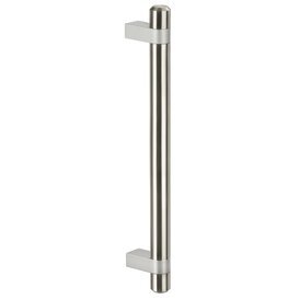 Stainless steel door handle with cylindrical tube and square-shaped aluminum handle shanks on a white background