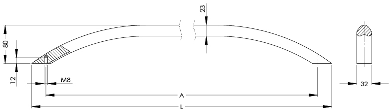 Technische Zeichnung eines Aluminium-Bügelgriffs MV-32.B mit Bogenform, Maßen und Querschnitt.