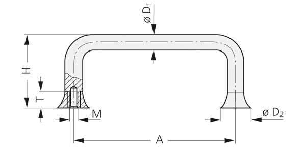 Technical drawing of ET-10 stainless steel handle with trumpet-style feet and detailed measurements