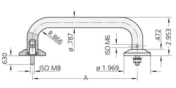 Technical drawing of stainless steel handle EB-20.F with sectional views of mounting components including screws, nuts, washers, and adapter