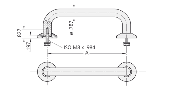 Technical line drawing of EB-20.R stainless steel handle including cross-section and front view showing mounting details