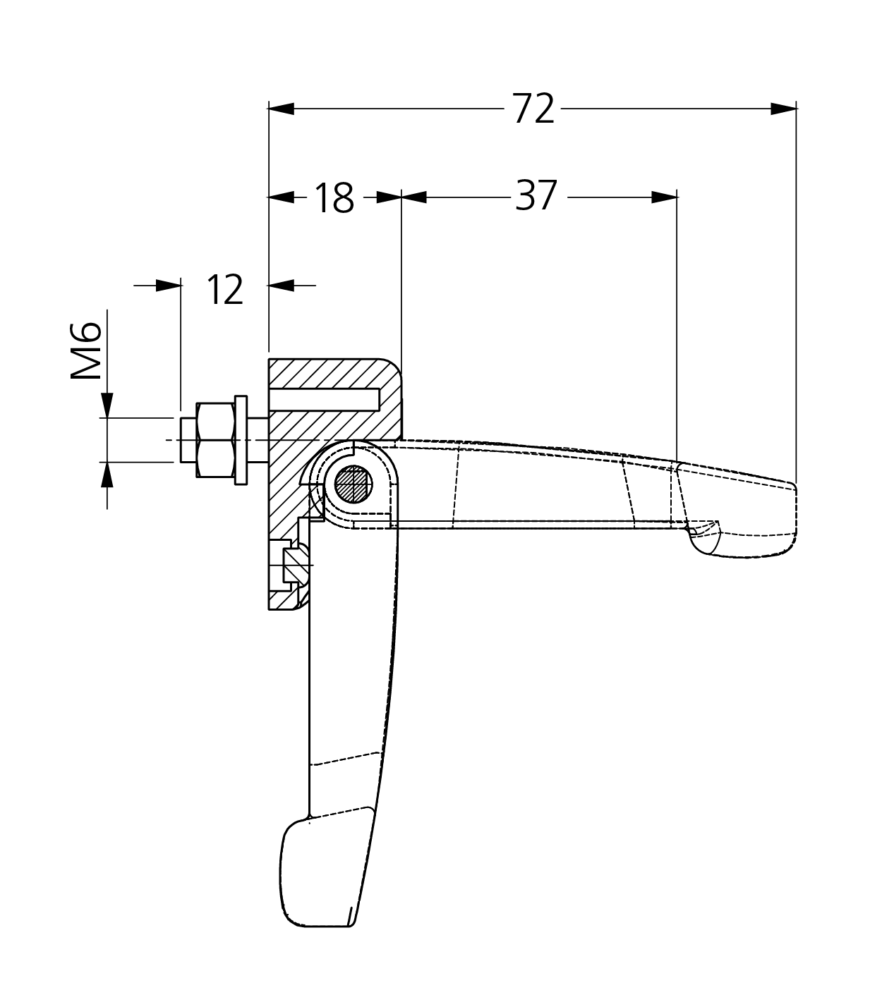Black and white technical drawing of the EK-16 stainless steel hinged handle showing multiple orthogonal views with dimensional annotations and component details in millimeters.