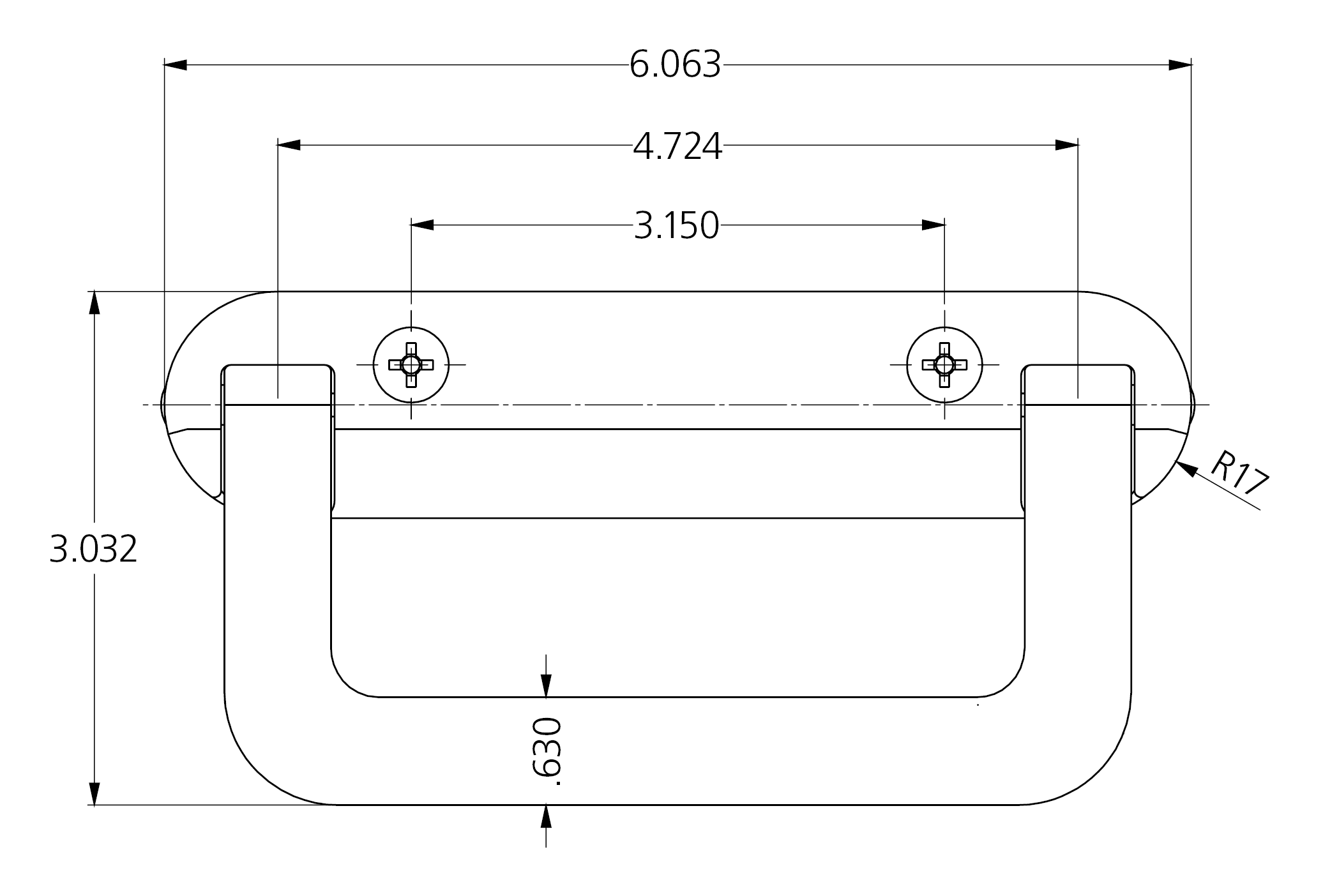 Technical line drawing of EK-16 stainless steel hinged handle with precise dimensional measurements in inches