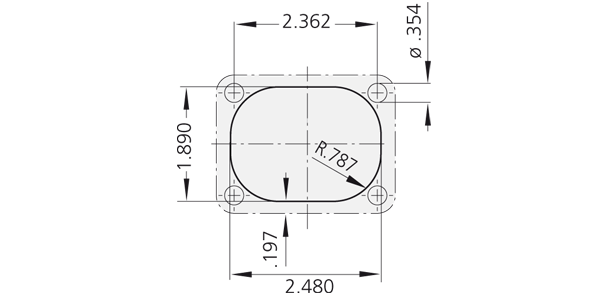 Technical drawing of rectangular component with four mounting holes and radius measurement R 7.87 mm