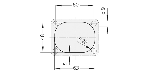 Technical drawing of rectangular mounting plate with rounded corners, four screw holes at corners, and corner radius labeled as 20 mm