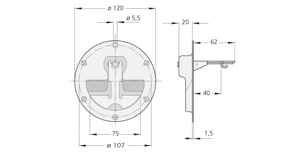 Technical line drawing showing front and side views of EE-02 collapsible stainless steel handle with dimensions and mounting hole placements.
