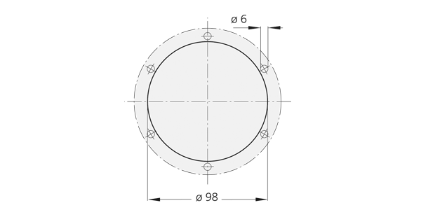 Circular stainless steel handle component with six mounting holes arranged evenly around the edge in a technical line drawing