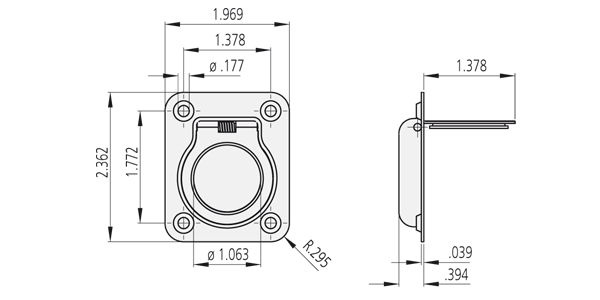 Front and side technical line drawing of EE-05 stainless steel collapsible handle with square mounting plate and circular pull-back handle.