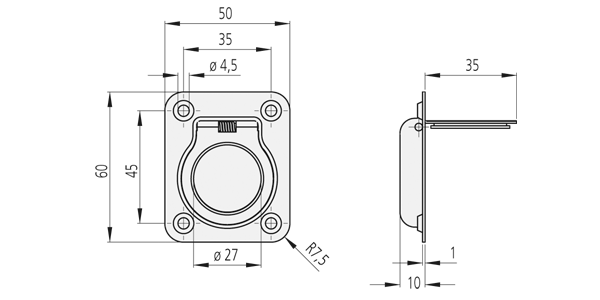 Technical drawing showing front and side views of EE-05 stainless steel collapsible handle with circular pull and rectangular base plate with four mounting holes.