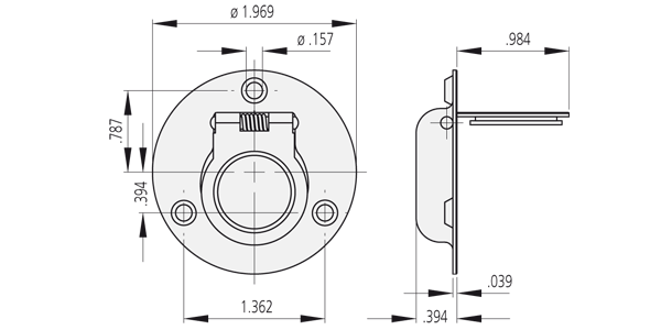 Technical drawing showing the front and side views of a round collapsible stainless steel handle with a ring and three mounting holes.