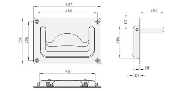 Technical drawing showing front, side, and top views of the EE-07 collapsible stainless steel handle with mounting plate and pull-back spring mechanism