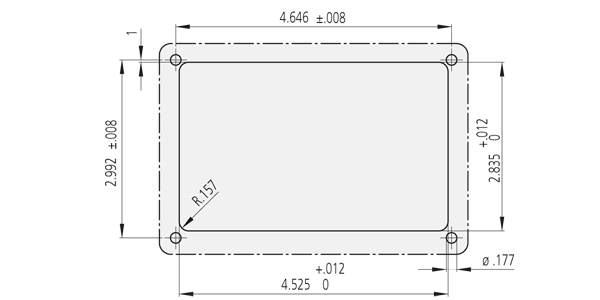 Rectangular component technical drawing with rounded corners radius 1.57 and four mounting holes near corners