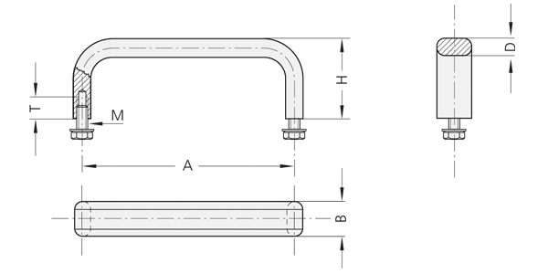 Technical drawing showing three views of a stainless steel handle with mounting screws and cross-sectional details.