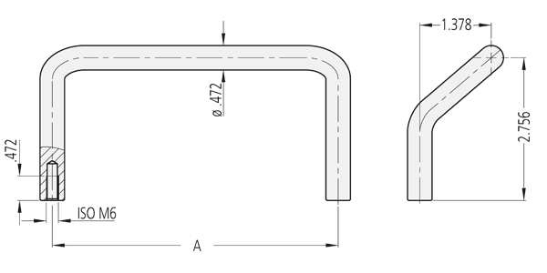 Technical drawing of EM-12 stainless steel handle showing front and side views with dimensions