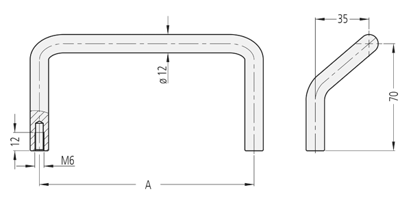 Technical line drawing of EM-12 stainless steel handle showing front and side views with dimensions and surface finish details