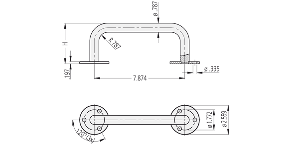 Technical drawing of a round stainless steel handle EM with mounting bases and screw holes