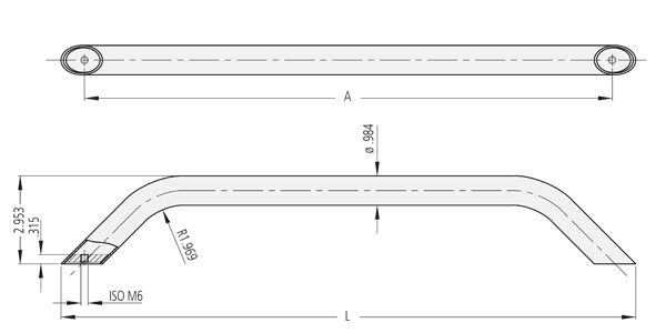 Technical drawing of a bent stainless steel handle showing top and side views with mounting points on both ends.