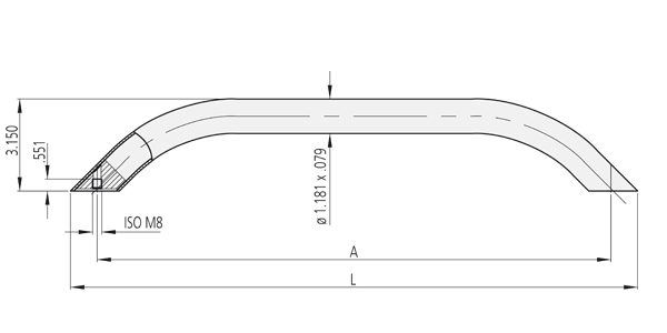 Technical drawing of ER-30 stainless steel handle showing a curved tube with detailed dimensions and angles.