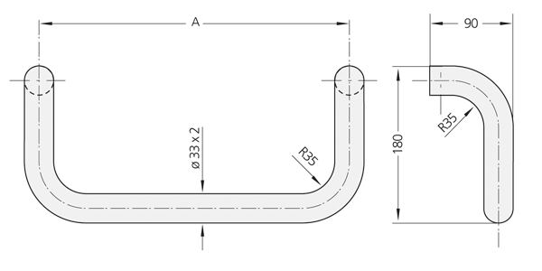 Technical drawing showing front and side views of a U-shaped stainless steel handle ER-33 with dimensions and internal structure indicated.