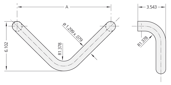 Technical drawing of ER-33 stainless steel handle showing V-shaped bend and 90-degree side profile with smooth rounded edges