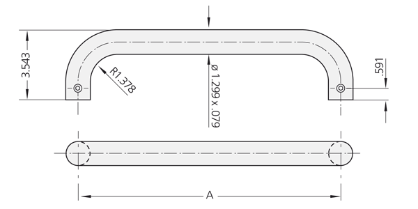 Technical drawing of ER-33 stainless steel handle with front and top views showing rounded corners and mounting points.