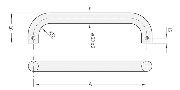 Technical line drawing of a stainless steel ER-33 handle showing a rectangular bent shape with fastening points on each end.