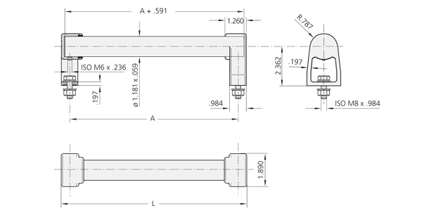 Technical schematic of stainless steel handle ES with side, front, and cross-sectional views detailing assembly and components