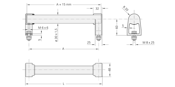 Technical drawing showing front, side, and top views of a stainless steel handle labeled ES with detailed mounting components and measurements.