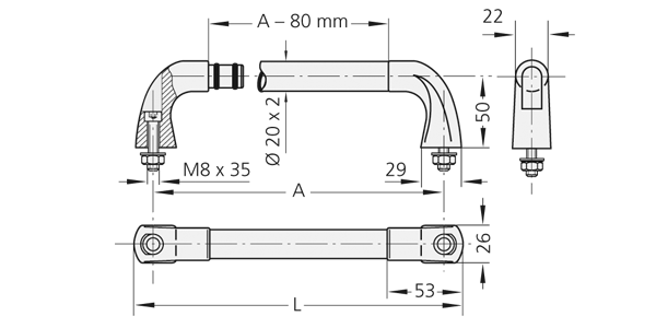 Technical drawing showing side, top, and end views of a stainless steel handle EU-20 with mounting hardware and detailed dimensions.