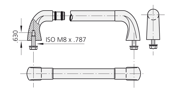 Technical illustration of stainless steel handle EU with front, side, and cross-sectional views detailing dimensions and mounting components