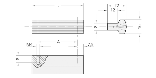 Technical drawing of AL-16 mm aluminum profile handle with top view, side view, and sectional detail showing dimensions and mounting.