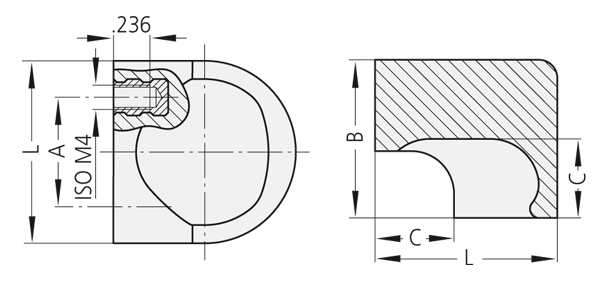 Technical drawing presenting top and cross-sectional side views of a through-inset handle made of glass fibre reinforced polyamide PA 6 with threaded brass bushings.