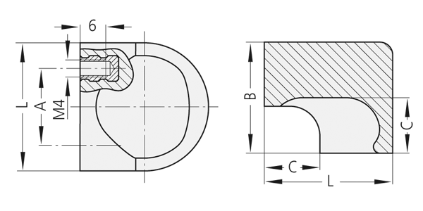 Technical cross-sectional drawings of a through-inset front panel handle made from glass fibre reinforced polyamide PA6 with threaded brass bushings
