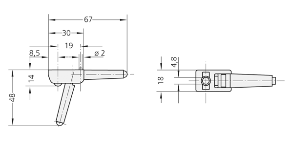 Technical drawing of GK extension leg handle showing side and top views with dimensions and attachment bore.