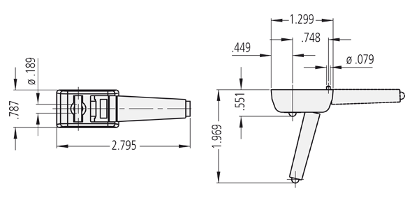 Technical line drawing showing the top and side views of a GK extension leg with snap-in lock and rubber feet