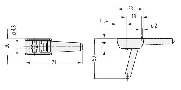 Technical drawing showing top and side views of GK extension leg handle with snap-in lock and rubber feet, detailed dimensions and mounting hole indicated.