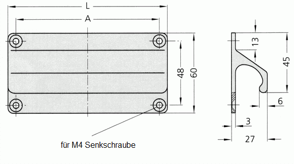 Technische Zeichnung eines Aluminium-Griffs LF-01 mit den spezifischen Abmessungen und Bohrlöchern für M4 Senkschrauben aus zwei Perspektiven: Draufsicht und Seitenansicht.