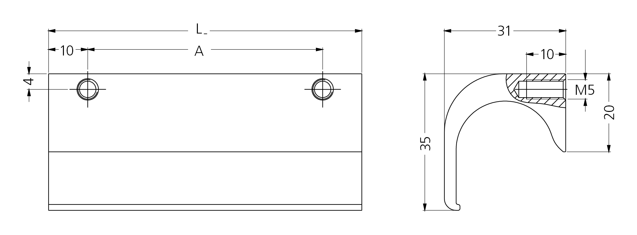 Technical drawing of LG-09 aluminium front panel handle showing side and cross-sectional views with detailed measurements and dimensions