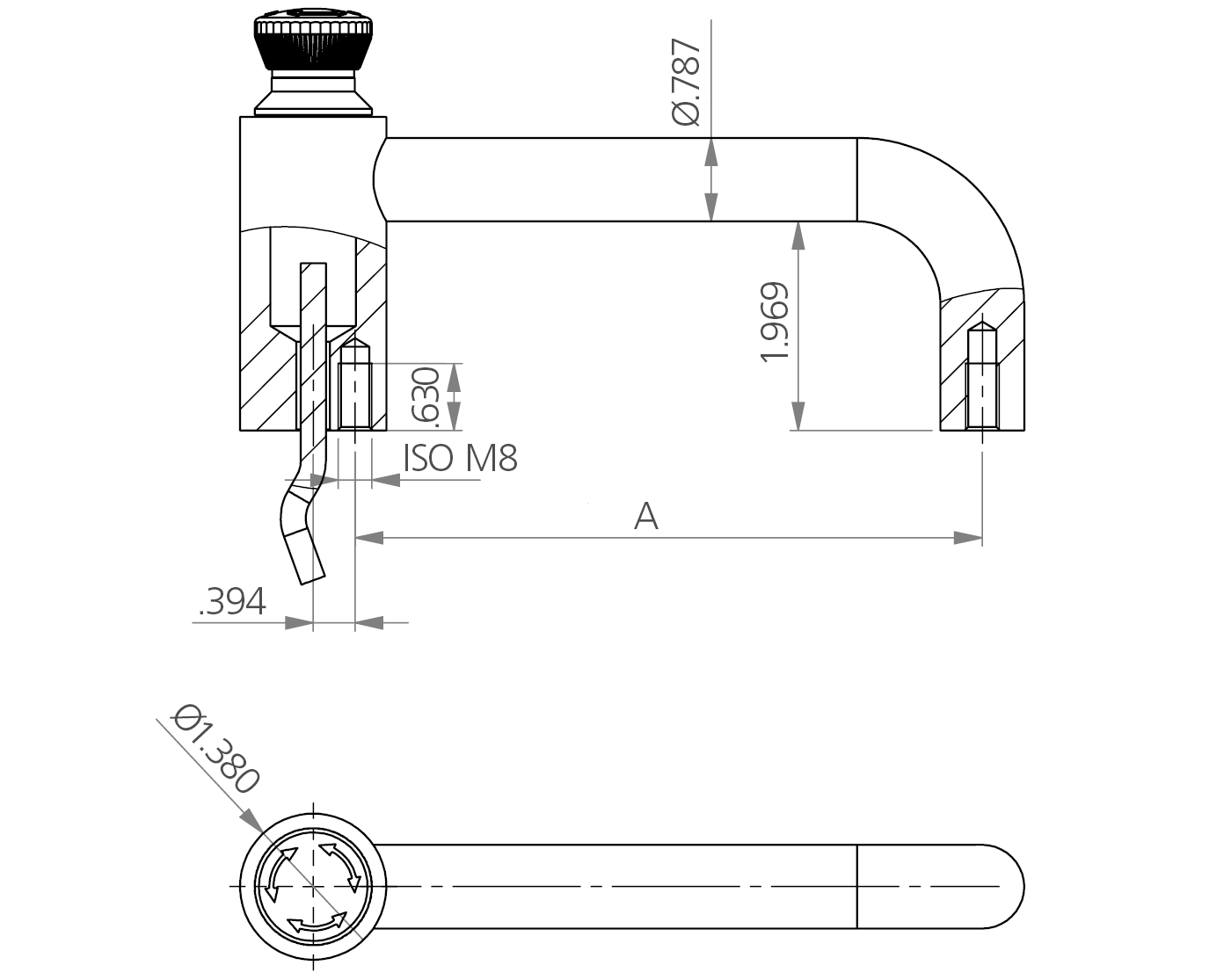 Technical line drawing depicting side and top views of a Type A handle with dimensional annotations in inches including diameter, height, and mounting specifications.
