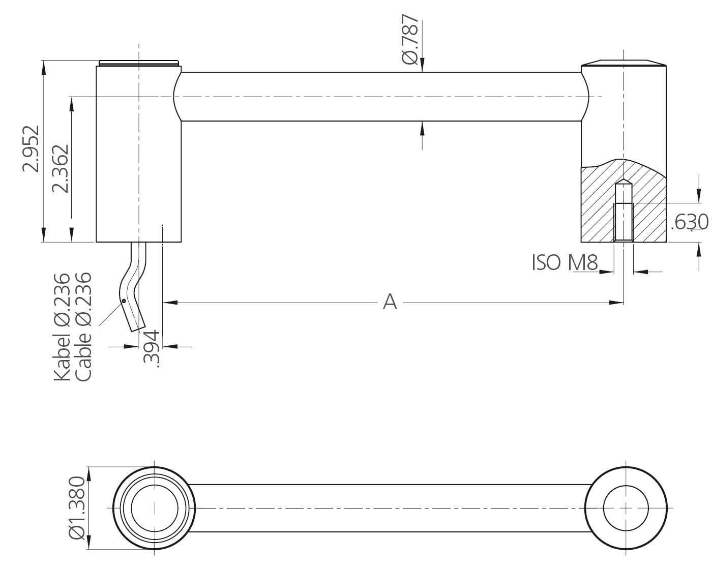 Technical drawing showing front and top views of a Type B handle from the FG15 series with detailed dimensional annotations in inches.