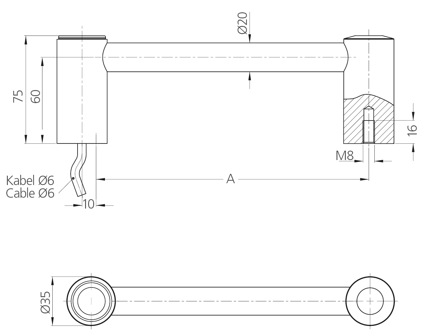 Technical drawing of a Type B stainless steel handle with two shanks, showing front and top views with dimensional annotations including cable diameter, length, and thread size.