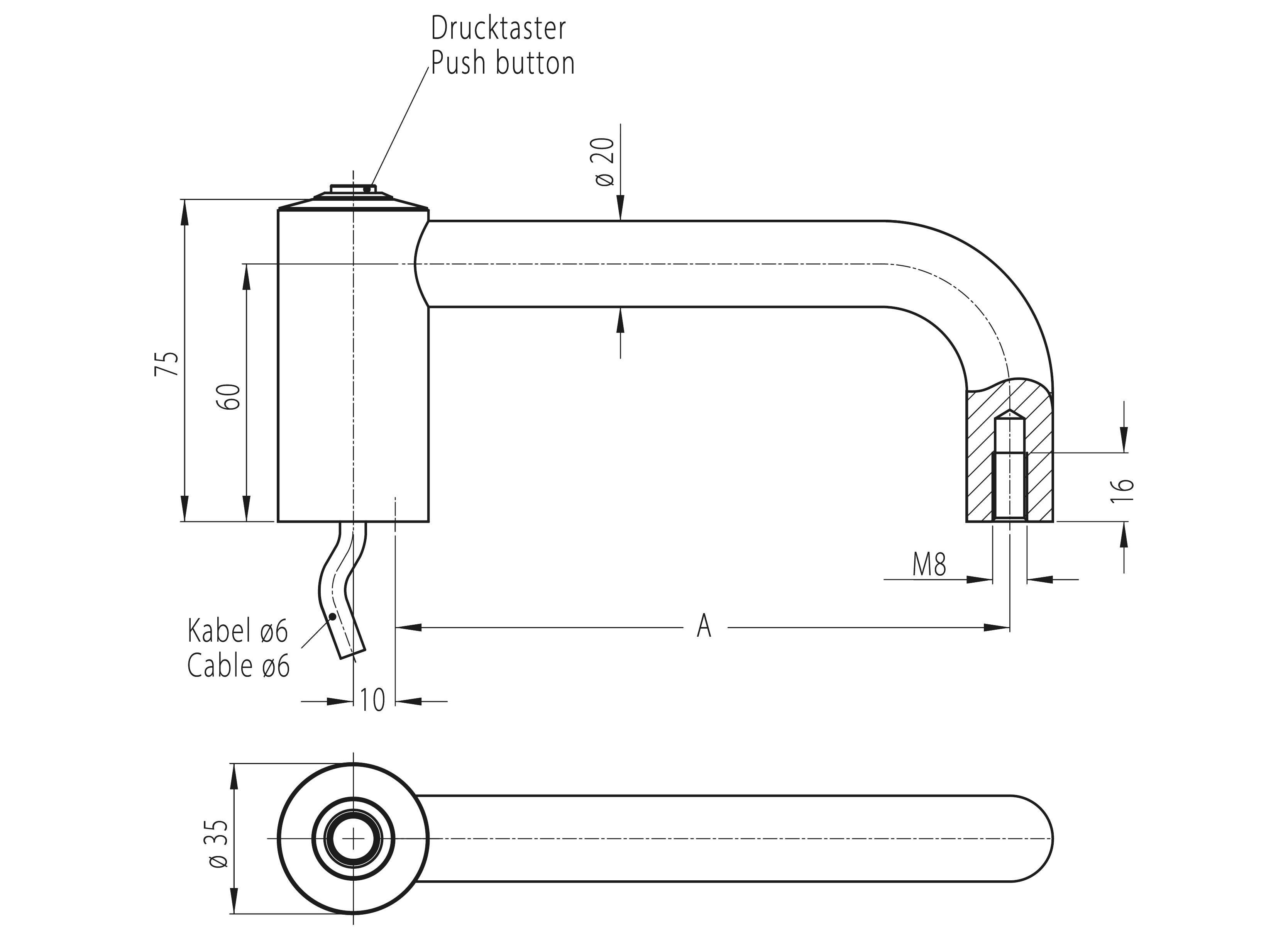 Technical drawing of FG15 Type A handle showing side and top views with push button and detailed dimensional annotations.