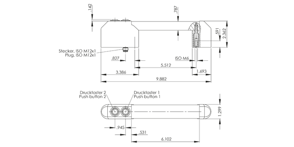 Technical drawing showing side and top views of FG24 handle with push buttons and detailed dimensions