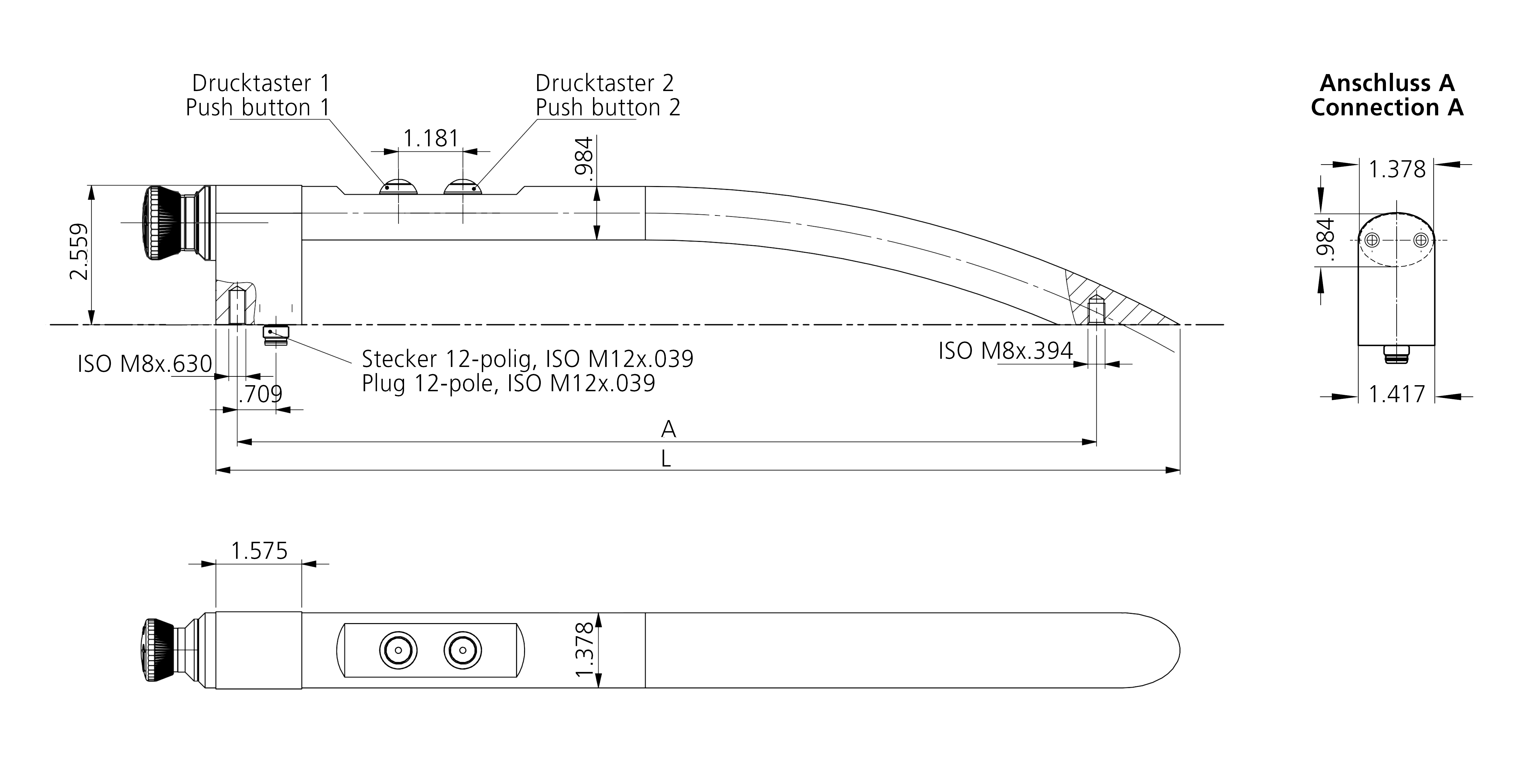 Technical drawing of an FG20 aluminum handle with two push buttons and a 12-pole ISO M12 connection plug, showing side and top views with detailed measurements in inches.