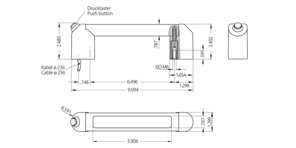 Technical line drawing of FG12-LL handle with measurements, showing push button and cable details.
